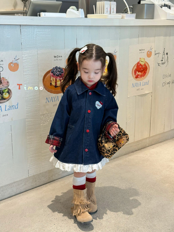 Дънкова пола и ветровка за момичета – корейски стил, есен 2025, памук 81–90%, едноцветен модел, за деца 3–8 години