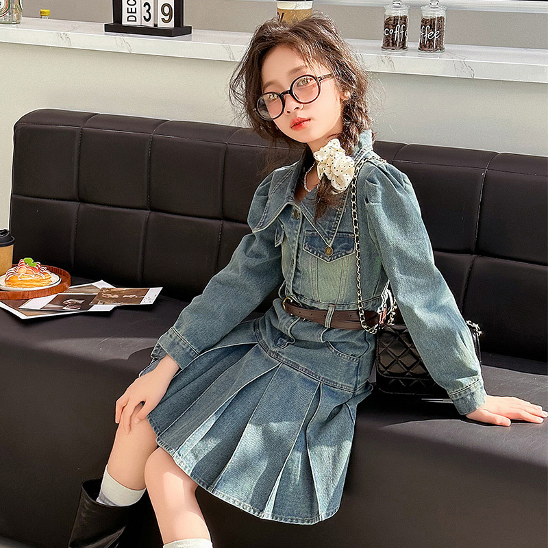 Dječja denim haljina, korejskog stila, plisirana, proljeće-jesen, za uzrast 8+
