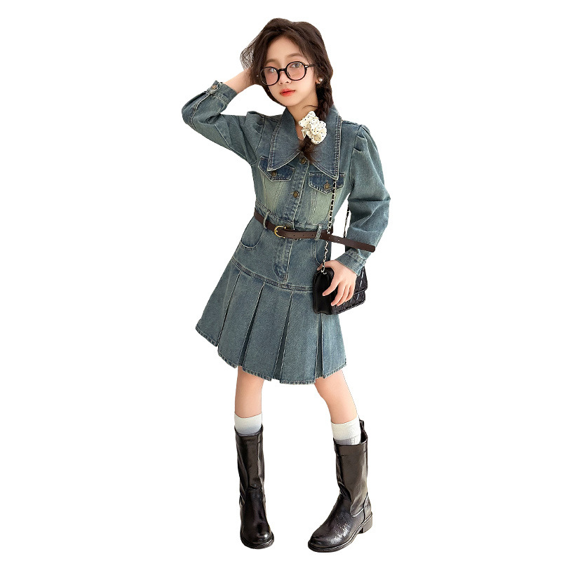 Dječja denim haljina, korejskog stila, plisirana, proljeće-jesen, za uzrast 8+