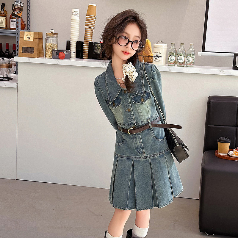 Dječja denim haljina, korejskog stila, plisirana, proljeće-jesen, za uzrast 8+