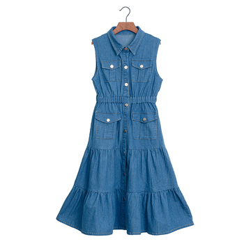 Djevojčice korejskog stila denim haljina-košulja, kratki rukav, 100% pamuk, za dob 8+ godina