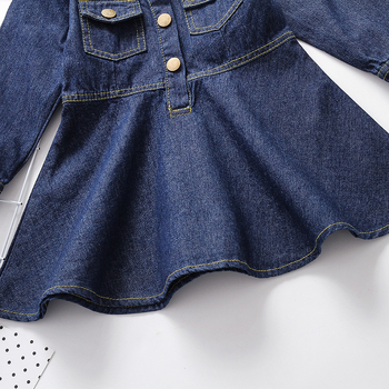 Djevojačka denim haljina u korejskom stilu s dugim rukavima, 90% pamuka, za djecu iznad 8 godina (iznad 140 cm), proljeće i jesen, enzimsko pranje