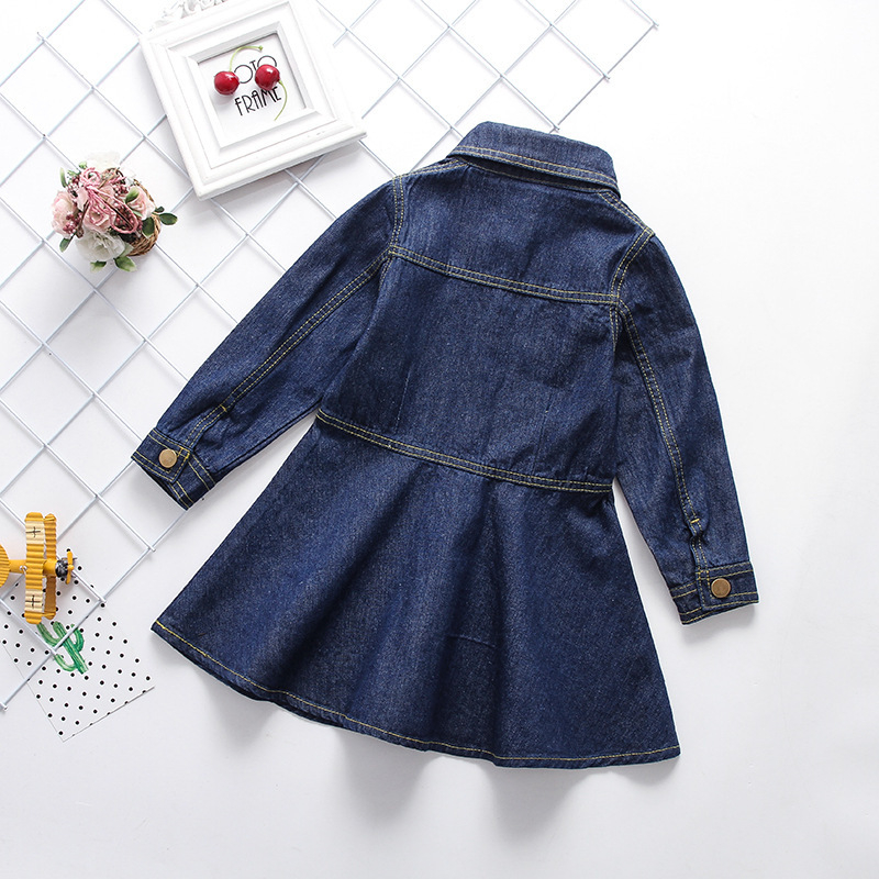 Djevojačka denim haljina u korejskom stilu s dugim rukavima, 90% pamuka, za djecu iznad 8 godina (iznad 140 cm), proljeće i jesen, enzimsko pranje