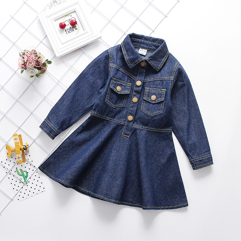 Djevojačka denim haljina u korejskom stilu s dugim rukavima, 90% pamuka, za djecu iznad 8 godina (iznad 140 cm), proljeće i jesen, enzimsko pranje