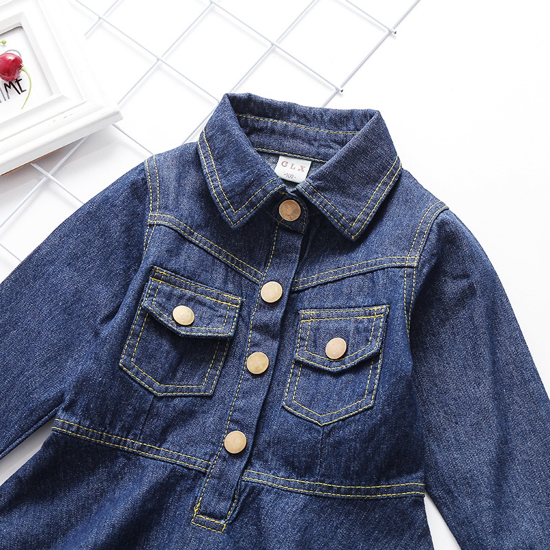 Djevojačka denim haljina u korejskom stilu s dugim rukavima, 90% pamuka, za djecu iznad 8 godina (iznad 140 cm), proljeće i jesen, enzimsko pranje