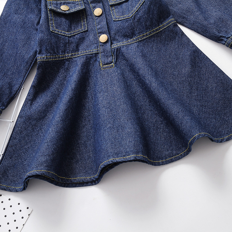 Djevojačka denim haljina u korejskom stilu s dugim rukavima, 90% pamuka, za djecu iznad 8 godina (iznad 140 cm), proljeće i jesen, enzimsko pranje
