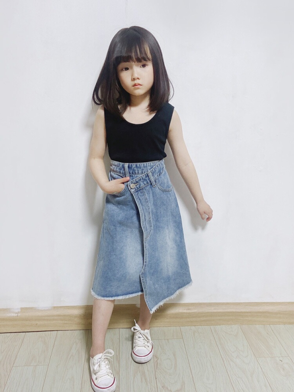 Lányoknak szóló denims midi szoknya szabálytalan szegéllyel, 90% pamut, kényelmes stílus