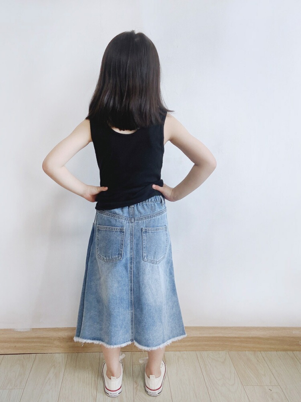 Lányoknak szóló denims midi szoknya szabálytalan szegéllyel, 90% pamut, kényelmes stílus