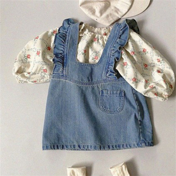 Dječja haljina s trakama u korejskom stilu, corduroy/denim tkanina, 95% pamuk, podstava 100% pamuk, uzrast 3–8 godina (100–140 cm), jesen/zima
