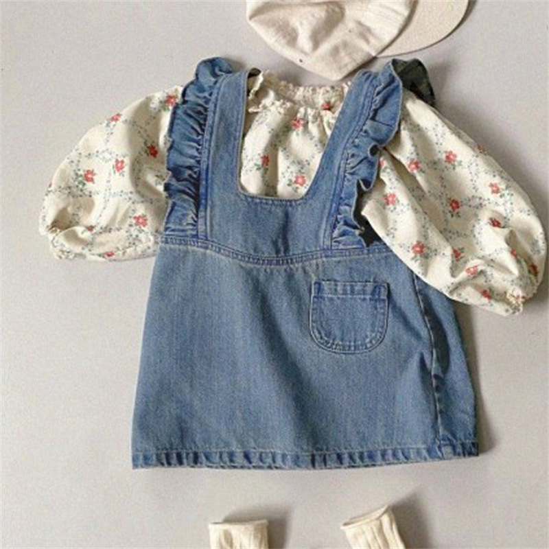Dječja haljina s trakama u korejskom stilu, corduroy/denim tkanina, 95% pamuk, podstava 100% pamuk, uzrast 3–8 godina (100–140 cm), jesen/zima