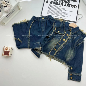 Dječji denim kostim sa suknjom i gornjim dijelom, dva dijela, korejski stil, dugi rukavi, pranje enzimas, proljeće‑jesen, za djecu 8+ godina