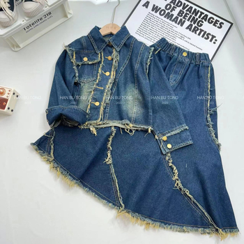 Dječji denim kostim sa suknjom i gornjim dijelom, dva dijela, korejski stil, dugi rukavi, pranje enzimas, proljeće‑jesen, za djecu 8+ godina