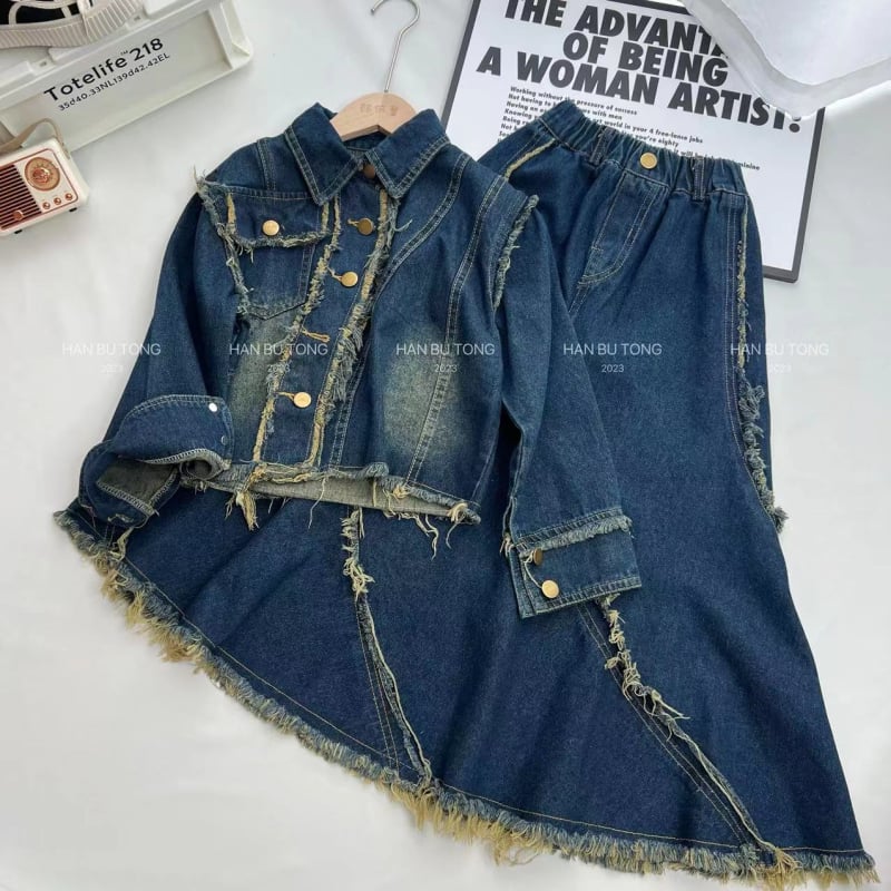 Dječji denim kostim sa suknjom i gornjim dijelom, dva dijela, korejski stil, dugi rukavi, pranje enzimas, proljeće‑jesen, za djecu 8+ godina