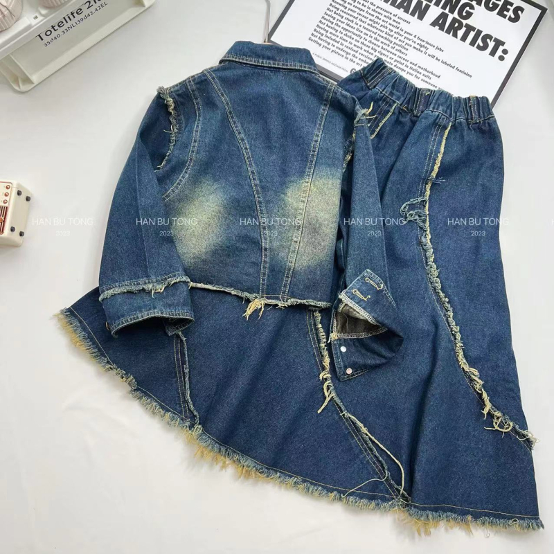 Dječji denim kostim sa suknjom i gornjim dijelom, dva dijela, korejski stil, dugi rukavi, pranje enzimas, proljeće‑jesen, za djecu 8+ godina