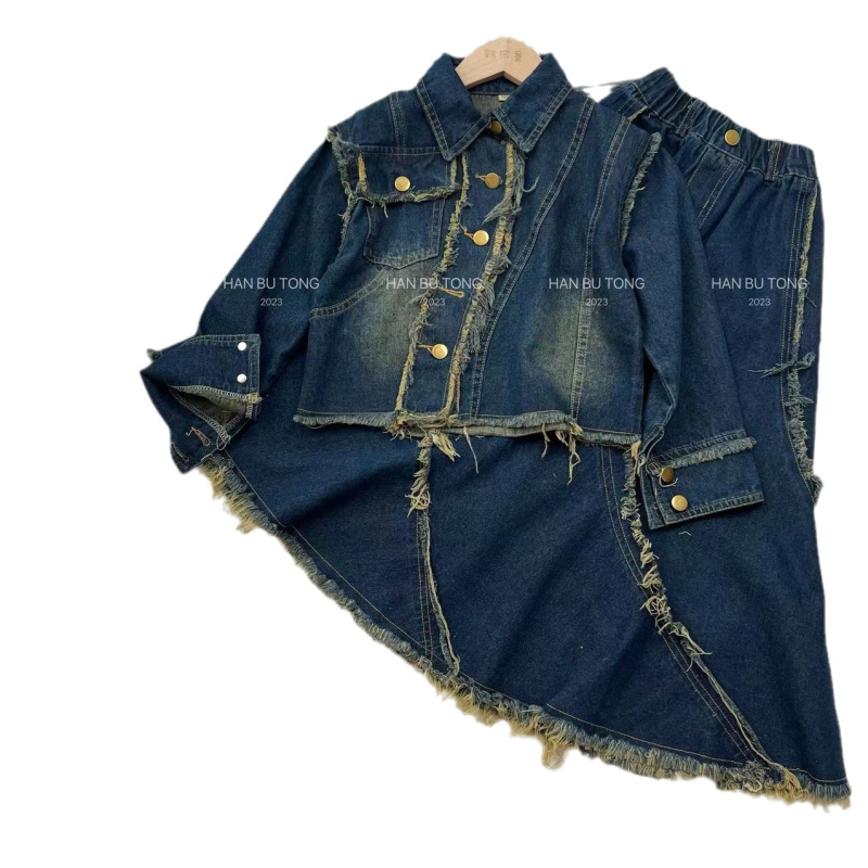 Dječji denim kostim sa suknjom i gornjim dijelom, dva dijela, korejski stil, dugi rukavi, pranje enzimas, proljeće‑jesen, za djecu 8+ godina