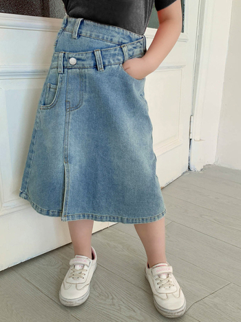 ANKRT Lányoknak szóló farmer szoknya, A-vonal, magas derék, szabálytalan szeg, enzimes mosás