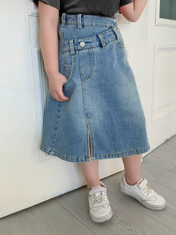 ANKRT Lányoknak szóló farmer szoknya, A-vonal, magas derék, szabálytalan szeg, enzimes mosás