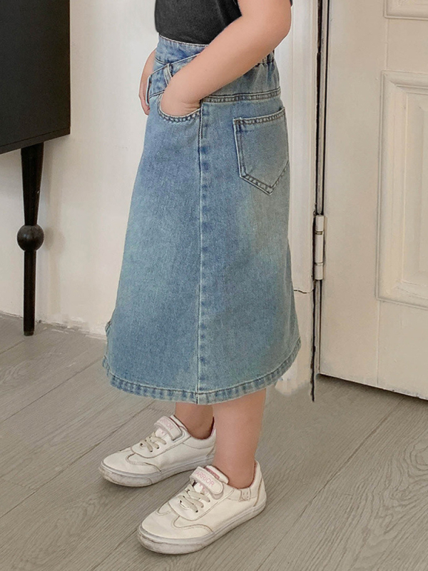 ANKRT Lányoknak szóló farmer szoknya, A-vonal, magas derék, szabálytalan szeg, enzimes mosás