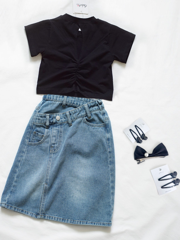 ANKRT Lányoknak szóló farmer szoknya, A-vonal, magas derék, szabálytalan szeg, enzimes mosás