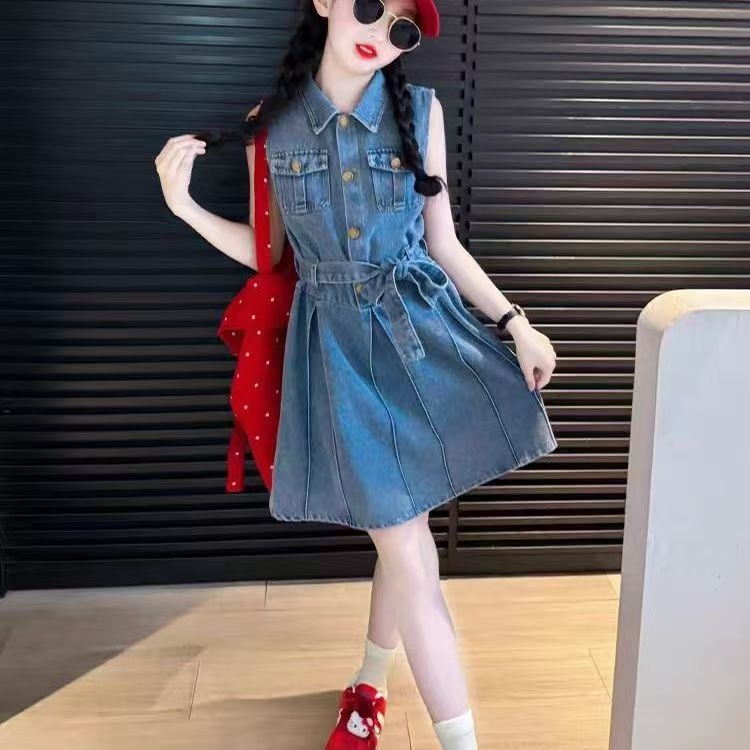 Lányoknak szóló ujjatlan denim ruha, reveres gallérral, szűkített derék, A-vonalú sziluett, pamut-keverék anyag
