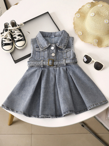 Lányoknak szóló ujjatlan farmerruha, koreai stílus, A-vonalú szabás, galléros, 45% pamut, 2025 tavasz