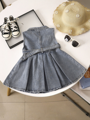 Lányoknak szóló ujjatlan farmerruha, koreai stílus, A-vonalú szabás, galléros, 45% pamut, 2025 tavasz