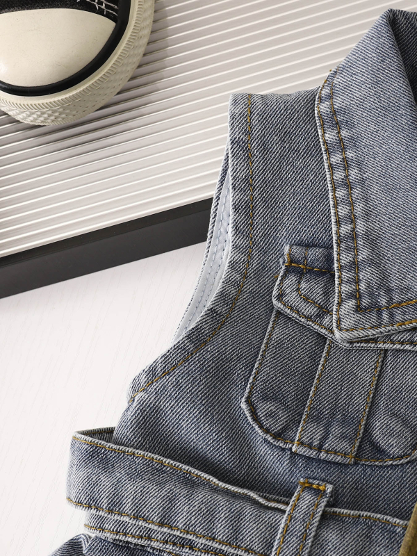 Lányoknak szóló ujjatlan farmerruha, koreai stílus, A-vonalú szabás, galléros, 45% pamut, 2025 tavasz