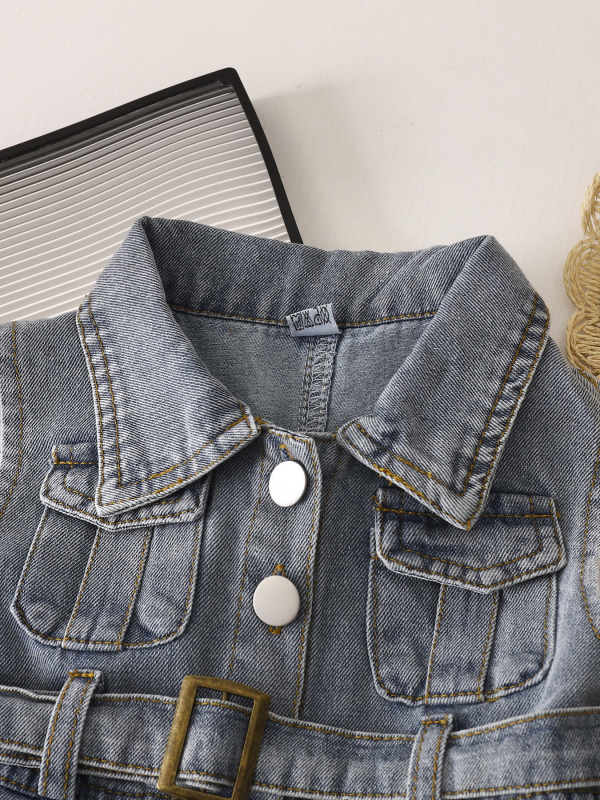 Lányoknak szóló ujjatlan farmerruha, koreai stílus, A-vonalú szabás, galléros, 45% pamut, 2025 tavasz