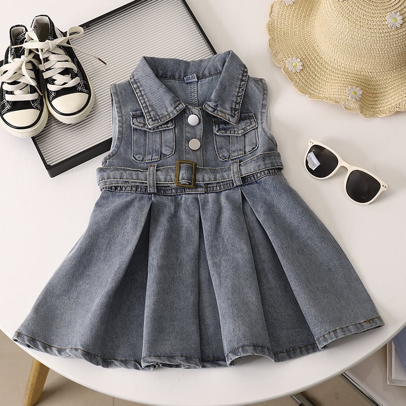 Lányoknak szóló ujjatlan farmerruha, koreai stílus, A-vonalú szabás, galléros, 45% pamut, 2025 tavasz