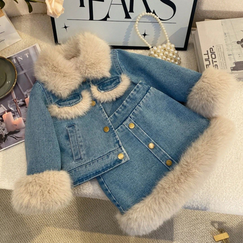 Két darabos gyerek szett: fleece denim dzseki és pamut szoknya, koreai stílus, téli vastag kivitel