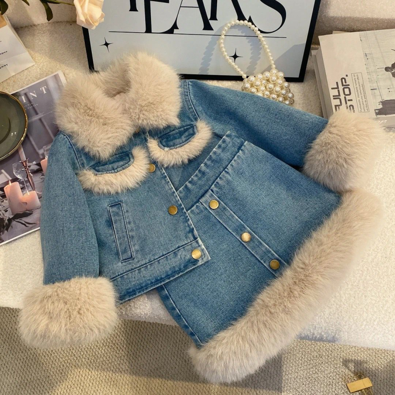 Két darabos gyerek szett: fleece denim dzseki és pamut szoknya, koreai stílus, téli vastag kivitel