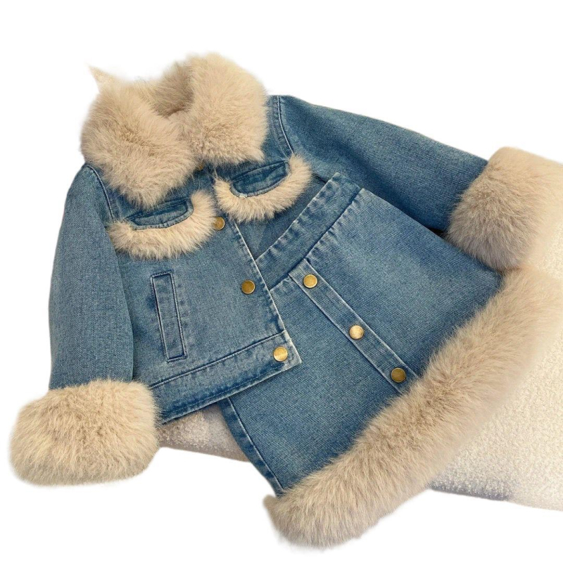 Két darabos gyerek szett: fleece denim dzseki és pamut szoknya, koreai stílus, téli vastag kivitel