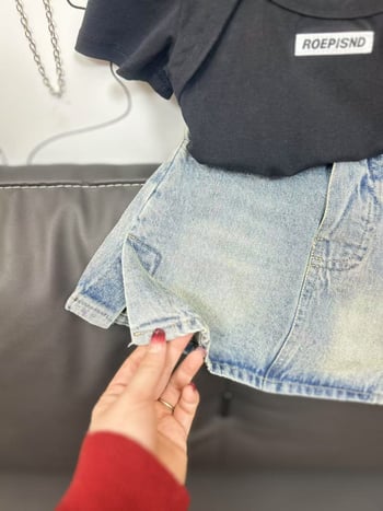 Yumi Cocoa dječji set za djevojčice u korejskom stilu za ljeto: top s izrezima i džins suknja s dva pojasa