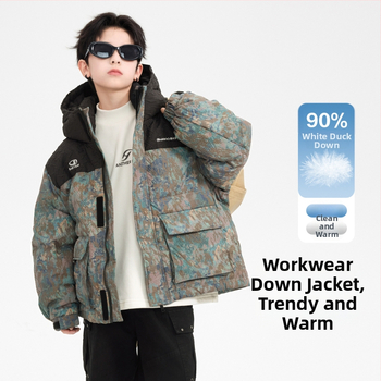 Bērnu ziemas jaka ar pildījumu no balta pīļu pūka, kapuci, Korejas stils, 86–90% balta pīļu pūka, bieza izolācija, priekšējais rāvējslēdzējs