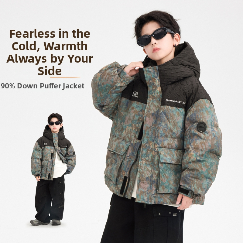 Bērnu ziemas jaka ar pildījumu no balta pīļu pūka, kapuci, Korejas stils, 86–90% balta pīļu pūka, bieza izolācija, priekšējais rāvējslēdzējs