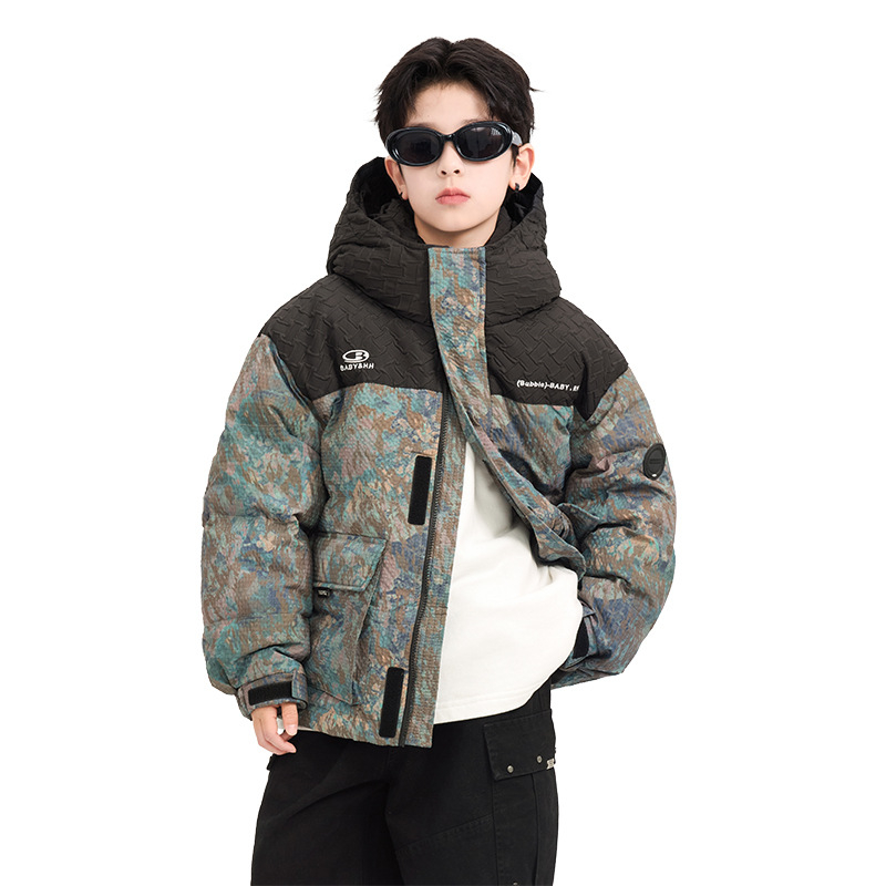 Bērnu ziemas jaka ar pildījumu no balta pīļu pūka, kapuci, Korejas stils, 86–90% balta pīļu pūka, bieza izolācija, priekšējais rāvējslēdzējs