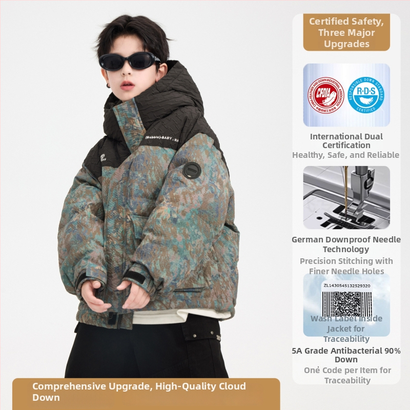 Bērnu ziemas jaka ar pildījumu no balta pīļu pūka, kapuci, Korejas stils, 86–90% balta pīļu pūka, bieza izolācija, priekšējais rāvējslēdzējs