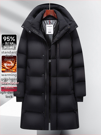 Jachetă de puf pentru bărbați, lungă, cu glugă, umplută cu puf de rață, 650 Putere de puf, protecție la frig de la -30°C până la -15°C