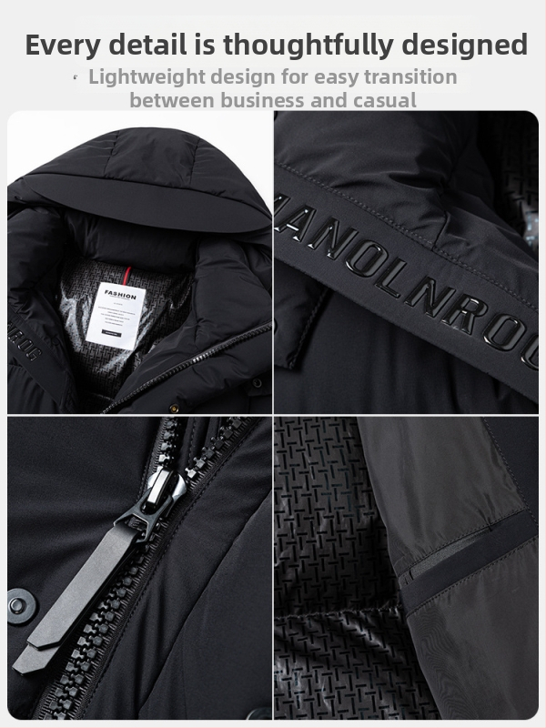 Jachetă de puf pentru bărbați, lungă, cu glugă, umplută cu puf de rață, 650 Putere de puf, protecție la frig de la -30°C până la -15°C