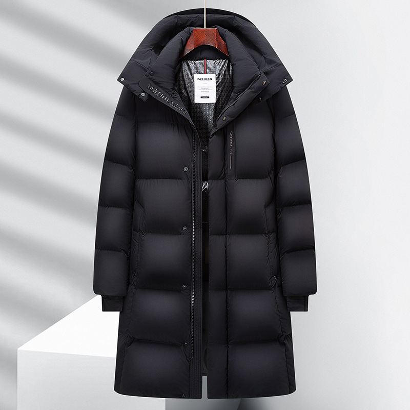 Jachetă de puf pentru bărbați, lungă, cu glugă, umplută cu puf de rață, 650 Putere de puf, protecție la frig de la -30°C până la -15°C