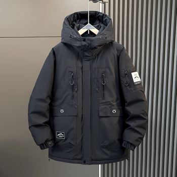 Ανδρικό μπουφάν με γέμισμα από λευκό πάπια πούπουλο, κουκούλα, χαλαρή εφαρμογή, παχύτερη μόνωση, περιεκτικότητα πούπουλου 51–55%