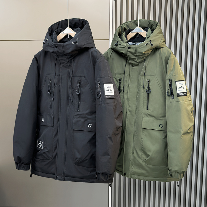 Ανδρικό μπουφάν με γέμισμα από λευκό πάπια πούπουλο, κουκούλα, χαλαρή εφαρμογή, παχύτερη μόνωση, περιεκτικότητα πούπουλου 51–55%