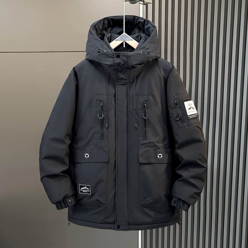 Ανδρικό μπουφάν με γέμισμα από λευκό πάπια πούπουλο, κουκούλα, χαλαρή εφαρμογή, παχύτερη μόνωση, περιεκτικότητα πούπουλου 51–55%