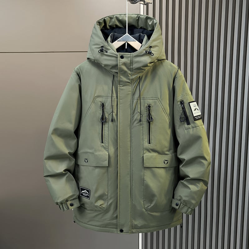 Ανδρικό μπουφάν με γέμισμα από λευκό πάπια πούπουλο, κουκούλα, χαλαρή εφαρμογή, παχύτερη μόνωση, περιεκτικότητα πούπουλου 51–55%