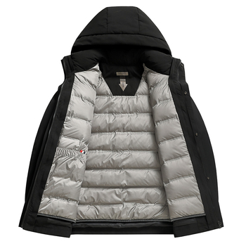 Puffer jakna s bijelim gusjim perjem, loft 550, kapuljača, produženi kroj