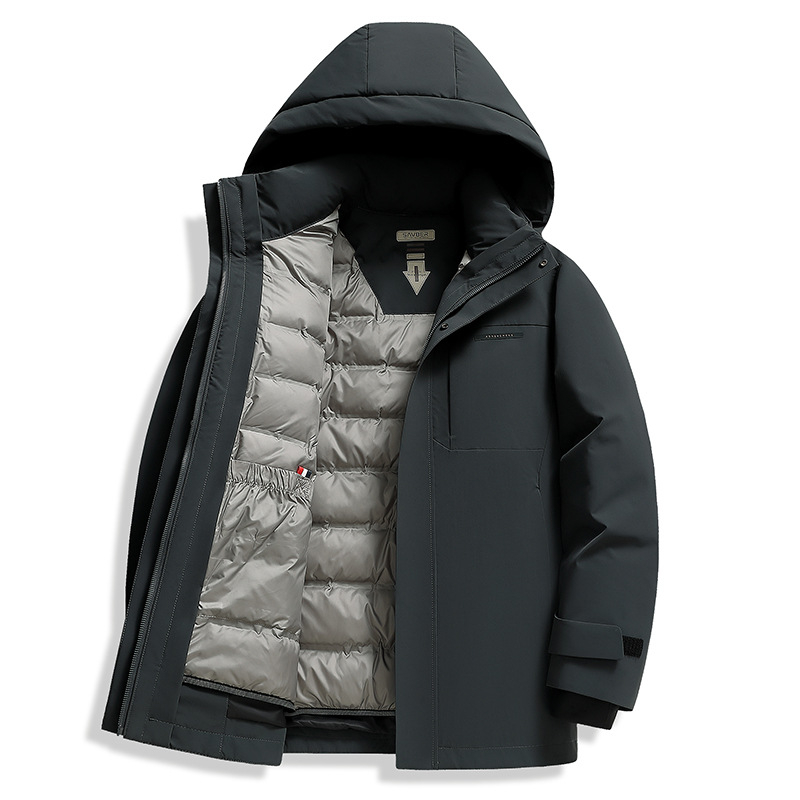 Puffer jakna s bijelim gusjim perjem, loft 550, kapuljača, produženi kroj