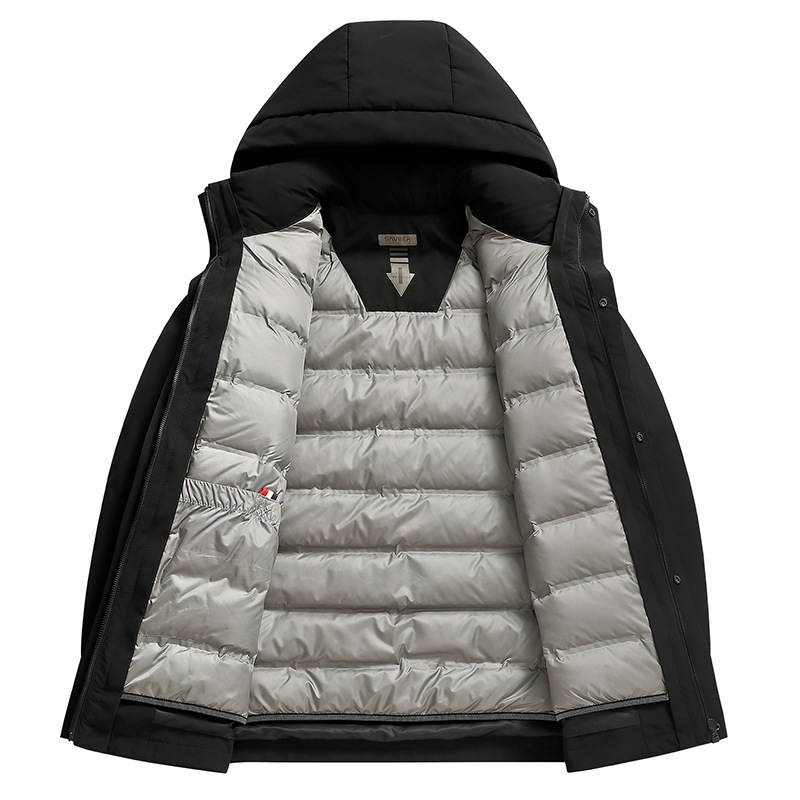Puffer jakna s bijelim gusjim perjem, loft 550, kapuljača, produženi kroj