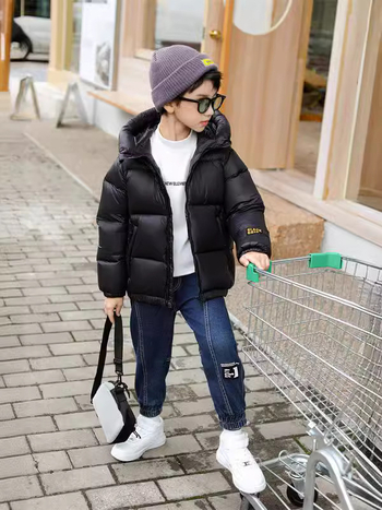 Bērnu ziemas jaka ar pīļu pūdu pildījumu, īss griezums, fiksēta kapuce, garas piedurknes, vecums 3–8 gadi