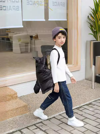 Bērnu ziemas jaka ar pīļu pūdu pildījumu, īss griezums, fiksēta kapuce, garas piedurknes, vecums 3–8 gadi