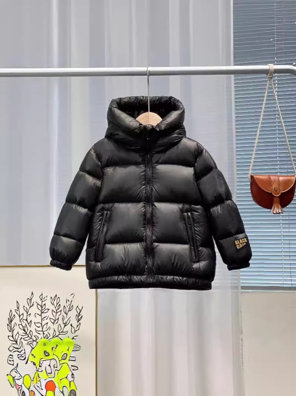 Bērnu ziemas jaka ar pīļu pūdu pildījumu, īss griezums, fiksēta kapuce, garas piedurknes, vecums 3–8 gadi